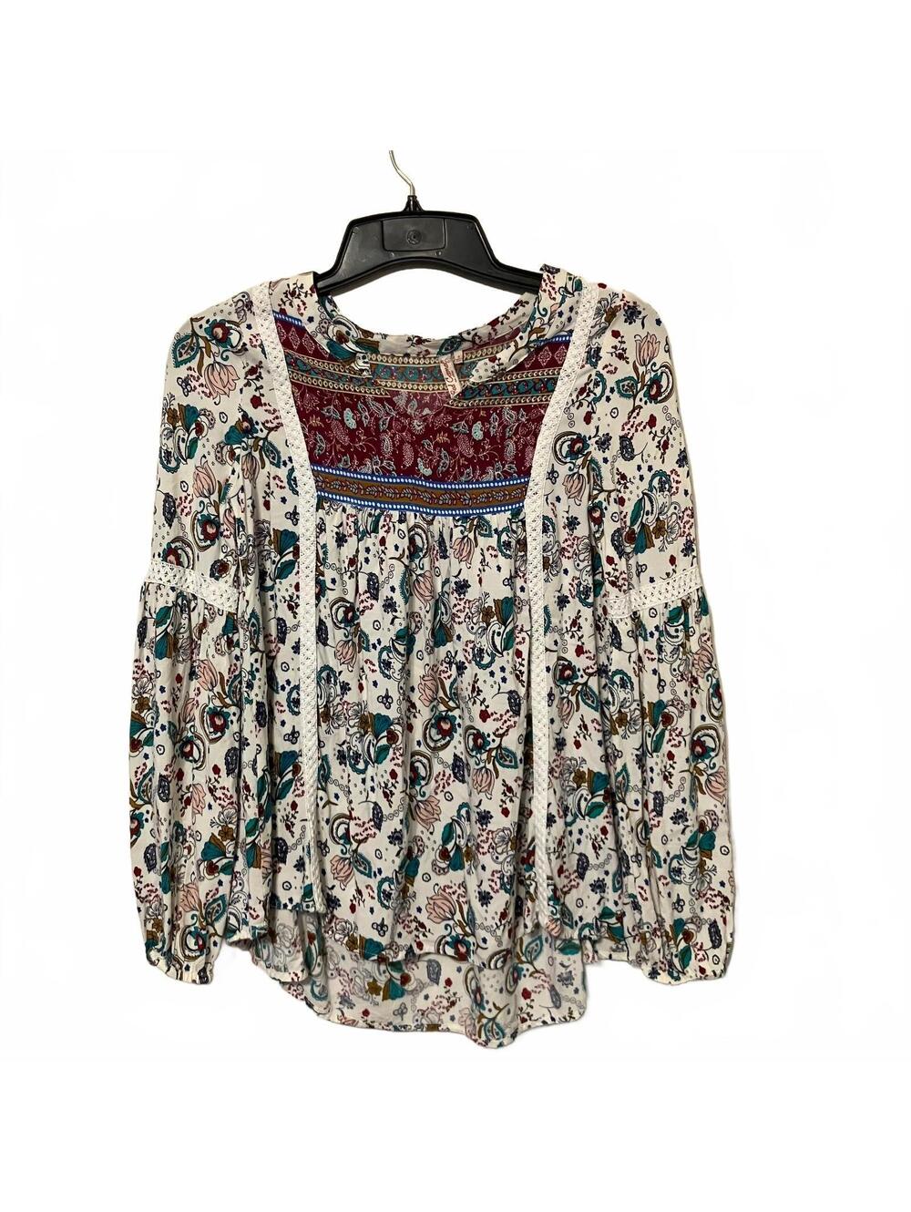 Red Camel Boho Chic Flowy Long Art Floral Long Sleeve Lightweight Blouse Small